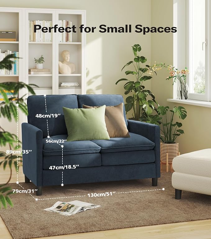 Welzona 3-Layers Cloud Loveseat Sofa, 51" Small Couch for Living Room, Bedroom - Tool-Free Assembly with Teddy Fabric Small Sofa - Blue Grey - Futon Couch - Removable Washable Covers - 650lbs Capacity