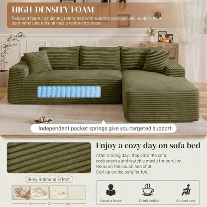 95" L Shaped Cloud Boneless Sectional Couches for Living Room, Modern Comfy Modular Deep Seat Memory Foam Compressed Corduroy Sofa Oversized Right Facing Chaise, No Assembly Required, Green