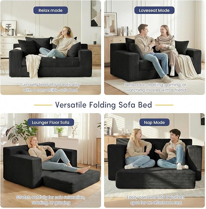 cidludto Boneless Couch Loveseat Sleeper, Convertible Sofa Bed Folding Couch Bed Foldable, 2 in 1 Boneless Chair Bed & Futon Sofa Bed, Small Pull Out Sofa with 4 Pillows for Living Room, Black