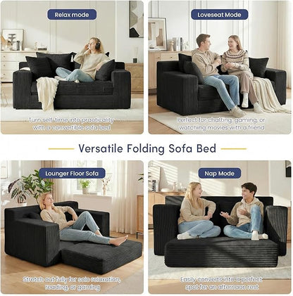 cidludto Boneless Couch Loveseat Sleeper, Convertible Sofa Bed Folding Couch Bed Foldable, 2 in 1 Boneless Chair Bed & Futon Sofa Bed, Small Pull Out Sofa with 4 Pillows for Living Room, Black