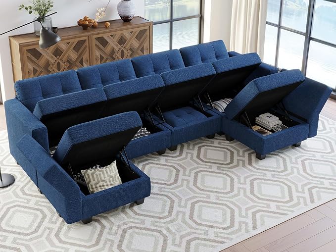 Belffin Modular U Shaped Sectional Sofa Couch with Reversible Chaises 6-seat Sectional Couch with Storage Seat Modular Sectional Set with Ottomans Blue