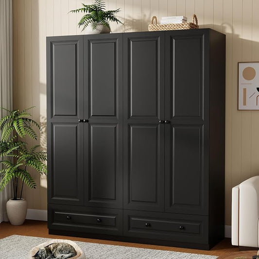Armoire Wardrobe Closet with Drawers: 74" Black Wardrobe Closet with 4 Doors, Bedroom Armoires with 2 Drawers, Wood Closets Cabinet for Hanging Clothes (Black, 63")