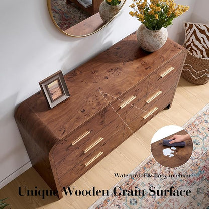 Curved 7 Drawer Dresser for Bedroom, 53.82'' Wide Chest of Drawers, Modern Storage Cabinet for Hallway & Living Room TV Stand, FSC Certified 1.18" Thick Board, 100 lbs Top Weight, Dark Burl