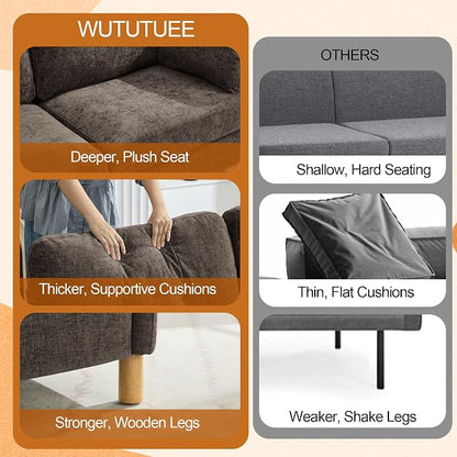 WUTUTUEE 65" Chenille Loveseat Sofa, Modern 2-Seater Love Seat Couch with Armrest Pillows, Storage Pockets, Easy Assembly, Upholstered Tufted Loveseat Couches for Living Room Bedroom, Brown