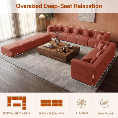 MONVANE Modular Sectional Sofa, Oversized 12 Seat Convertible U Shaped Couch with Ottoman, Comfy Chenille Cloud Couch with Deep Seat, Sectional Couches for Living Room, No Assembly Required, Rust Red