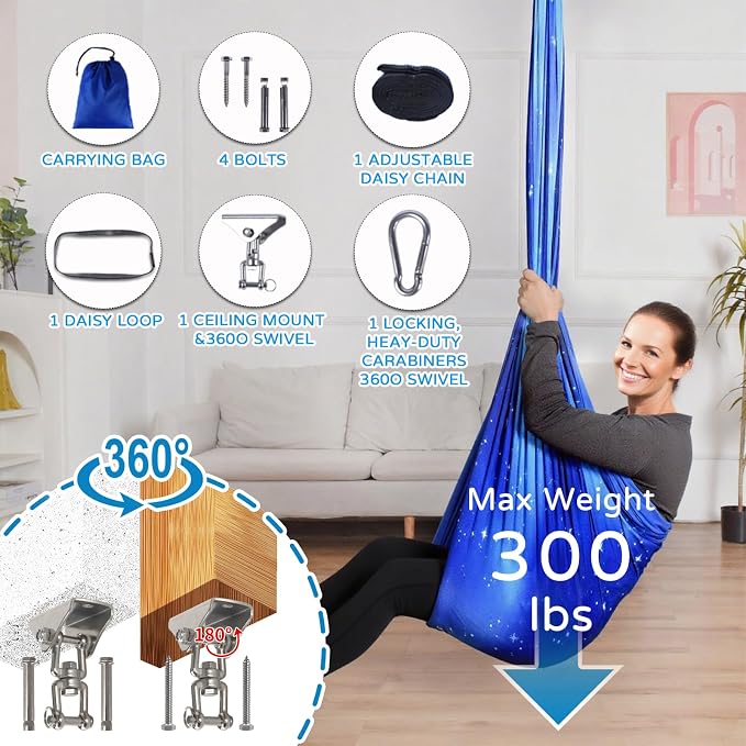 Sensory Swing for Kids and Adults Indoor & Outdoor Double Layer Therapy Cuddle Holds up to 300lbs Adjustable Swing Hammock Chair with 360° Swivel Hanger Kit Effect for Aspergers Autism ADHD(Star Blue)