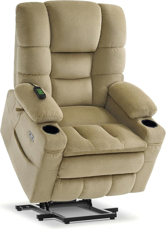 MCombo Triple Motor Lay Flat Power Lift Recliner Chair for Tall Elderly, Infinite Position, Massage, Dual Heating, Adjustable Headrest, Fabric 7634 (Beige, Large)
