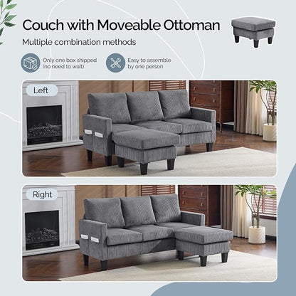 VINGLI 68.5' L Shaped Couch with Movable Storage Ottoman, Convertible Sectional Sofa in Soft Corduroy Fabric, Modern Reversible Chaise Couch for Small Spaces, Apartment, Living Room，Grey