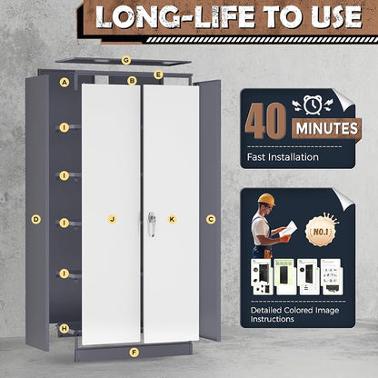INTERGREAT Metal Storage Cabinet, 72” H Storage Cabinet with 2 Doors and 4 Adjustable Shelves for Office, Home, Garage, Pantry (Assembly Required, Grey White)