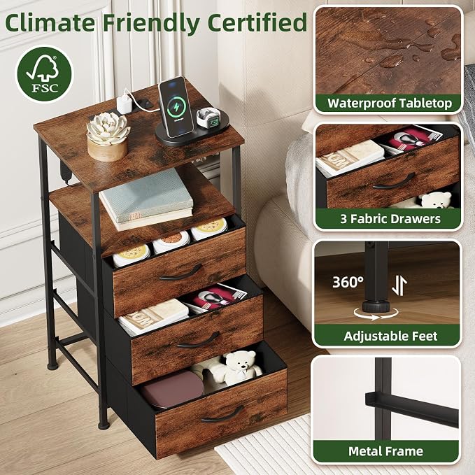 Somdot Nightstands Set of 2,Bedside Tables with Charging Station and LED Lights,Night Stand with 3 Drawers, End Tables with Open Shelf for Small Spaces Bedroom Entryway Hallway, Wood Grain Print