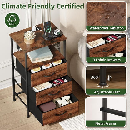 Somdot Nightstands Set of 2,Bedside Tables with Charging Station and LED Lights,Night Stand with 3 Drawers, End Tables with Open Shelf for Small Spaces Bedroom Entryway Hallway, Wood Grain Print