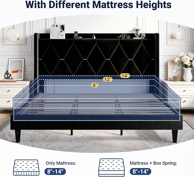Allewie Velvet King Size Upholstered Bed Frame with Wingback Storage Headboard & Charging Station, Platform Bed with Diamond Tufted Design & Gold Trim, No Box Spring Needed, Easy Assembly, Black