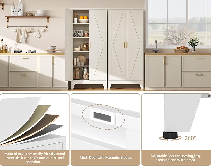 71" H White Pantry Cabinet,Metal Storage Cabinets with Doors and Shelves,Tall Food Kitchen Cabinets,Farmhouse Kitchen Cabinet,Freestanding Cabinet