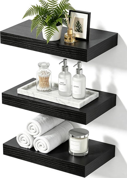 Floating Shelves for Wall, Bathroom Shelves Over Toilet, Wall Shelves & Book Shelf for Room, Hanging Shelf, Modern Wooden Wall-Mounted Small Floating Shelves, 12x7x1.5 in (Black, Set of 3)