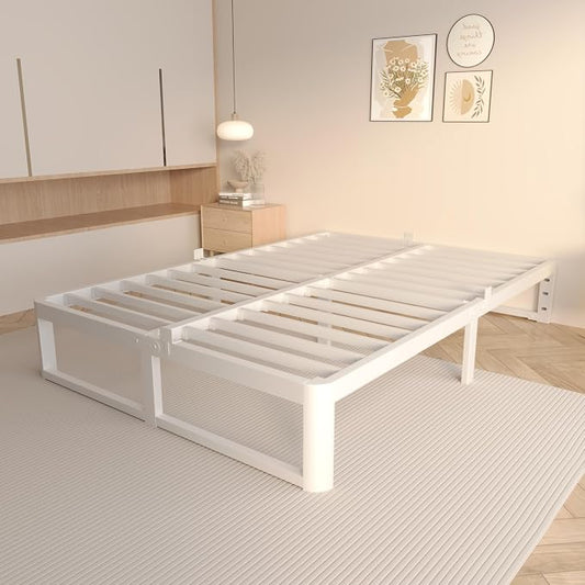 VYM 12 Inch Full Bed Frame, Platform Bed Frames with Metal Gaskets, Anti-Slip Mattress Stopper, No Box Spring Needed, Heavy Duty Steel Slat Support 3500 LBS, Round Corner Leg, Easy Assembly, White