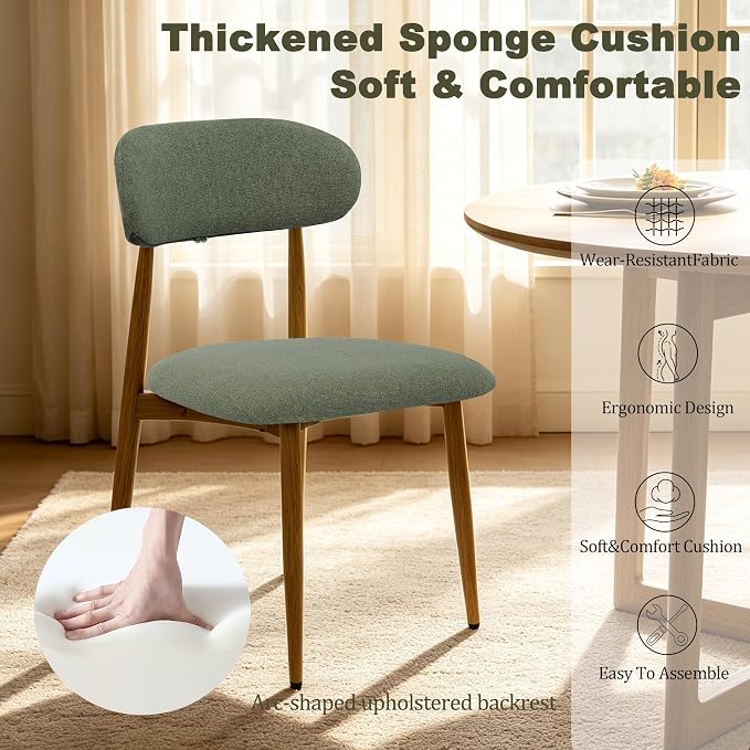 FREKEN Modern Upholstered Dining Chairs Set of 6, Mid-Century Metal Frame with Wood Grain, Linen Fabric Side Chair for Kitchen Dining Room, 350lbs Capacity, Green