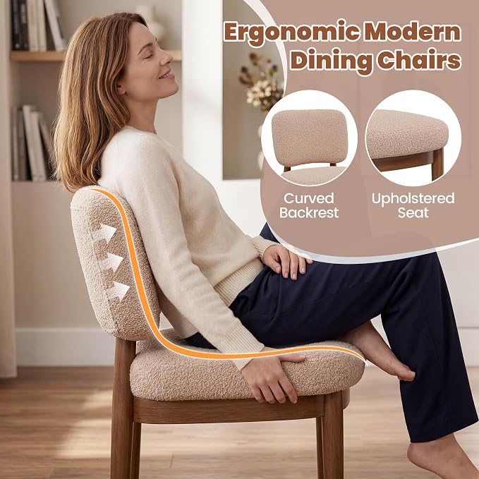 Wooden Dining Chairs Set of 2, Boucle Upholstered Kitchen Chairs with Solid Wood Legs, Mid Century Modern Dining Chairs, Farmhouse Side Chair with Hardwood Frame for Dining Room, Khaki