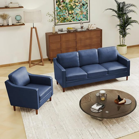 Kingfun Couch Sets for Living Room, 3 Seater Couch and Armchair, Mid Century Modern Sofa Set, Faux Leather Couch with Solid Wood Frame for Bedroom