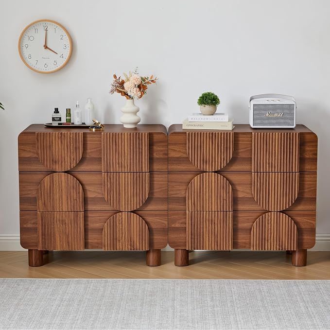 Janmer Home 3 Drawer Nightstand Set of 2, Walnut Wooden Dresser with Curved Profile, Mid-Century Modern Bedside Cabinet for Bedroom Living Room Entryway, 31.5" W x 15.75" D x 29.1" H
