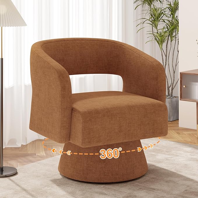 Luxanimarion Swivel Barrel Accent Chair Set of 1,Oversized Chenille Upholstered Round Swivel Chair,Modern Luxury 360 Degree Living Room Vanity Chair for Bedroom Office,Khaki,1PCS