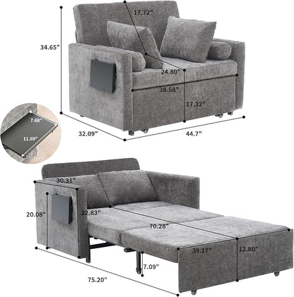 45" Oversize 3-in-1 Sleeper Chair Pull Out Bed, 75" Long Single Sleeper Sofa Bed with Wing Table and Side Pocket for Living Room, Bedroom, Small Space, Gray