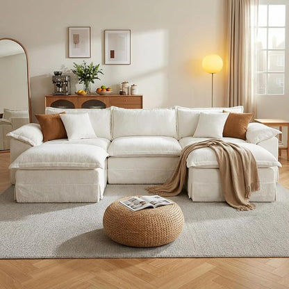 Claiks 123" Modular Boneless Couch, U Shaped Couch for Living Room, Modern Deep Seat Sofa 3 Seater Chenille Fabric Comfy Cloud Couches with Movable Ottoman, Beige