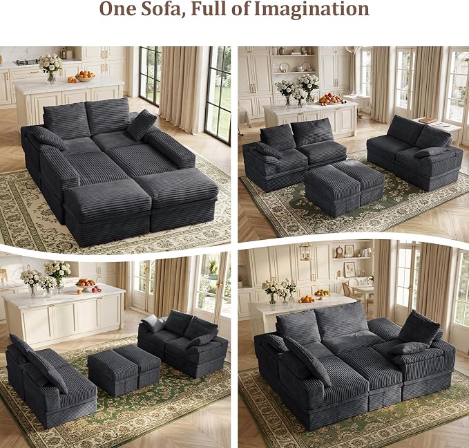142" Modular U-Shaped Sectional Sofa with Storage, 4-Seat Corduroy Boneless Couch, 27" Deep Seat Cloud Couch & 2 Movable Ottoman, Tool-Free Assembly, Couch for Living Room, Grey
