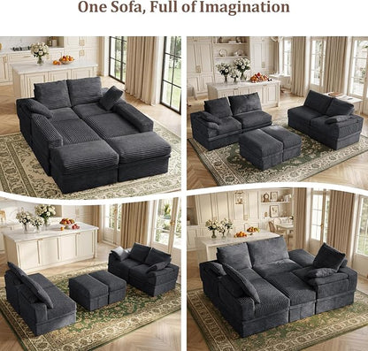 142" Modular U-Shaped Sectional Sofa with Storage, 4-Seat Corduroy Boneless Couch, 27" Deep Seat Cloud Couch & 2 Movable Ottoman, Tool-Free Assembly, Couch for Living Room, Grey