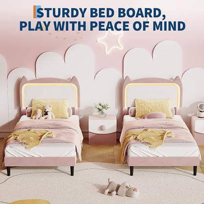 Garvee Twin Upholstered LED Bed Frame with Cute Cat Headboard, Velvet Princess Platform Bed Frame with Sturdy Wood Slats Support for Girls/Kids, No Box Spring Needed, Pink