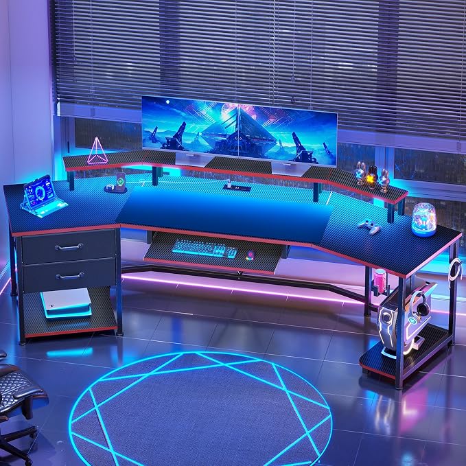 Itaar 79" Gaming Desk with 2 Fabric Drawers, Long Computer Desk with Power Strip & LED Lights, U Shaped Desk wtih Storage and Cup Holder, Large Gaming Table for Bedroom, Carbon Fiber Black+Red