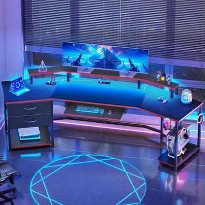 Itaar 79" Gaming Desk with 2 Fabric Drawers, Long Computer Desk with Power Strip & LED Lights, U Shaped Desk wtih Storage and Cup Holder, Large Gaming Table for Bedroom, Carbon Fiber Black+Red