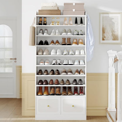 Hzuaneri Shoe Storage Cabinet, 10 Tiers Shoe Cabinet with 2 Cloth Drawers, Wooden Freestanding Shoes Organizer with 2 Hooks, 40-45 Pairs, Shoes Cubby Organizer for Entryway, White SR52903MI