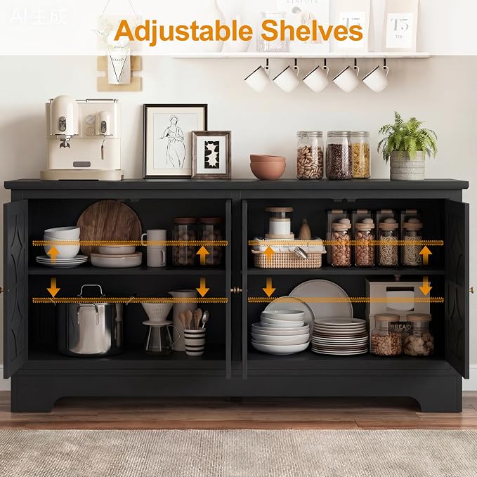 RoyalCraft Sideboard Buffet Cabinet with Storage, 56" Modern Sideboard with 4 Carved Doors, Large Wood Coffee Bar Console Table for Kitchen, Dining Room, Entryway, Living Room, Black