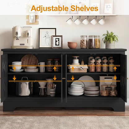 RoyalCraft Sideboard Buffet Cabinet with Storage, 56" Modern Sideboard with 4 Carved Doors, Large Wood Coffee Bar Console Table for Kitchen, Dining Room, Entryway, Living Room, Black