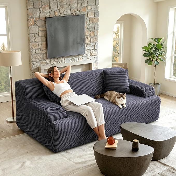 VINGLI 72" W Boneless Loveseat Sofa, Cloud Corduroy Couch in a Box, Compressed Deep Seat Sofa with 10.6" Wide Curved Armrests, Easy Assembly Required for Living Room, Apartments & Office, Dark Grey