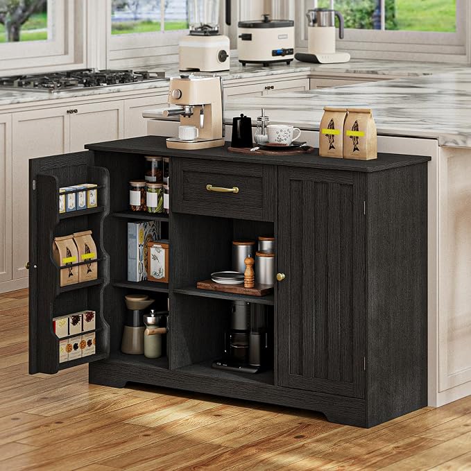 Gizoon 45" Coffee Bar Cabinet with Door and Shelves Kitchen Hutch with Countertop, Kitchen Buffer Cabinet with Storage for Bedroom and Living Room, Black