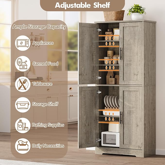 Garvee 70 Inch Tall Storage Cabinet, Kitchen Pantry Cabinet with Doors and Adjustable Shelves, Freestanding Wooden Classic Cupboard for Living Room, Dining Room, Bathroom