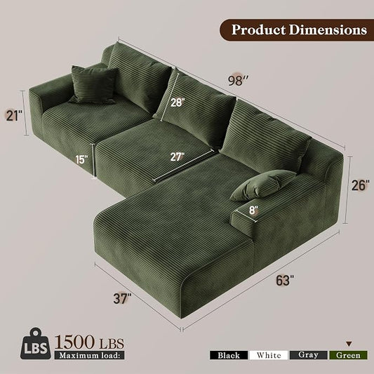 Homkdom 98" Boneless Couches for Living Room, L-Shape Modular Sectional Sofa with Deep Seat Oversized Right Facing Chaise, Cloud Couch for Apartment, Small Space (Green)