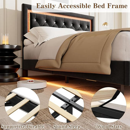 Garvee Floating Bed Frame Queen Size with Smart Led Lights, Upholstered Platform Bed with Diamond Headboard, Solid Wood Slats Support, No Box Spring Needed, Noise-Free, Easy Assembly, Black