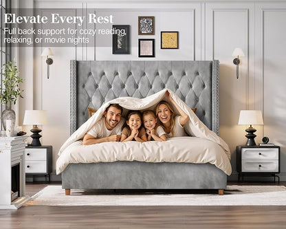 Jocisland Cal King Bed Frame 61.4" Tall Headboard Velvet upholstered,Gray | Wingback Headboard,Full Back Support for Tall People,Handcrafted Pleats&Deep Button,Noise-Free,Solid Wood Legs,Easy Assembly