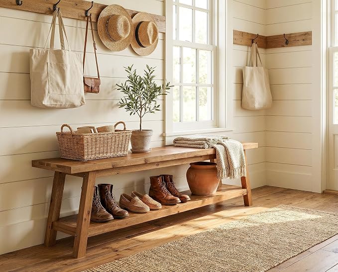 Solid Wood Entryway Bench with Shoe Storage Shelf, 62.99" Long Rustic Hallway Shoe Bench, Natural Wood Mudroom Window Seating, 400 lbs Capacity