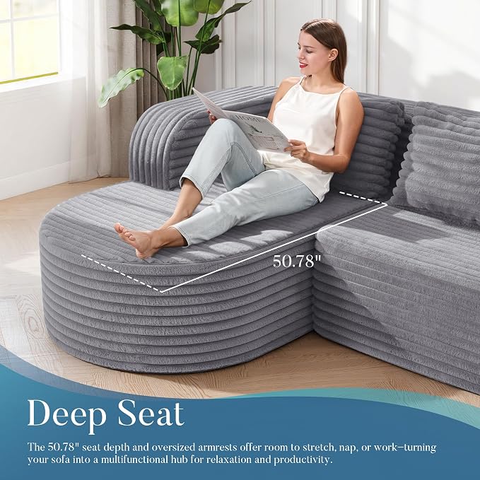 Hobestluk Modular Sectional Sofa Couches L-Shape Couch 3 Seat Modular Sofa Memory Foam Sectional Couches for Living Room, Cloud Couch (Round Lightgrey, 96", Left Hand Facing)