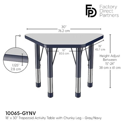 FDP Trapezoid Activity School and Classroom Kids Table (18 x 30 inch), Chunky Toddler Legs for Collaborative Seating Environments, Adjustable Height 15-24 inches - Gray Top and Navy Edge
