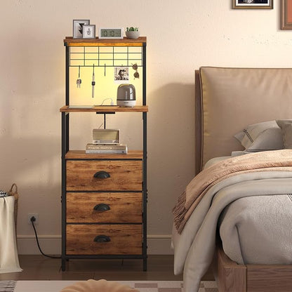 sthmec Tall Nightstands with Charging Station, LED Night Stand Bedsides with 3 Fabric Drawers,Hooks,USB Port and Open Storage Shelves,Tall End Table Bedside Tables for Bedroom,Office, Rustic Brown