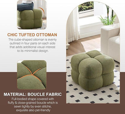 Zesthouse Square Pouf Ottomans Footstool Set of 2, Upholstered Poofy Ottoman for Couch Sofa, Modern Vanity Chair Backless for Living Room, Green Boucle Stool Foot Rest, Fabric Ottoman Coffee Table