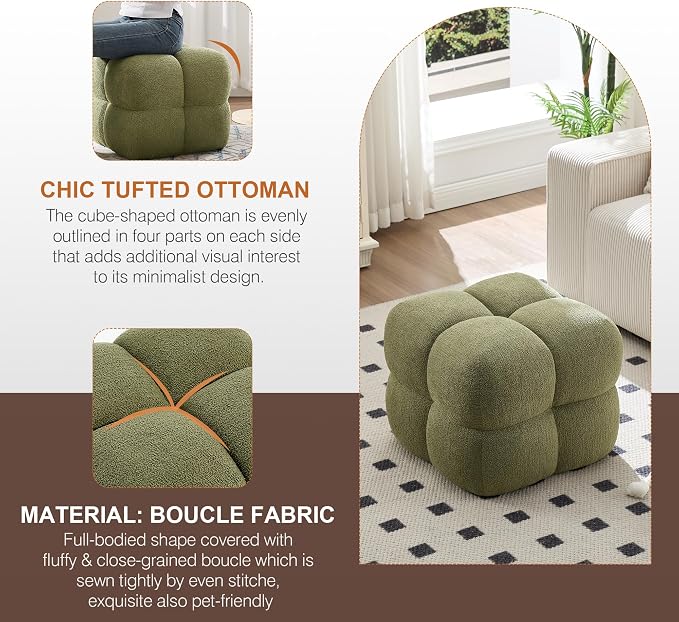 Zesthouse Square Pouf Ottoman Footstool, Modern Backless Vanity Chair for Bedroom, Green Boucle Foot Rest for Couch, Upholstered Tufted Footstool, Poofy Fabric Ottoman Coffee Table for Living Room
