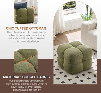 Zesthouse Square Pouf Ottoman Footstool, Modern Backless Vanity Chair for Bedroom, Green Boucle Foot Rest for Couch, Upholstered Tufted Footstool, Poofy Fabric Ottoman Coffee Table for Living Room