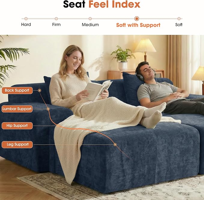 83.5" Boneless Loveseat with 2 Ottoman, Cloud Comfy Sofa Bed, Modular Sofa for Living Room, Apartment, Bedroom, Hotel, No Assembly Required (Blue)