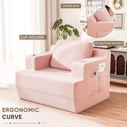 Homall 42” Single Sofa Foam Couch for Small Spaces Upholstered Floor Sofa with Cup Holder & Storage Pocket Boneless Couch for Bedroom Living Room (Pink, Single)
