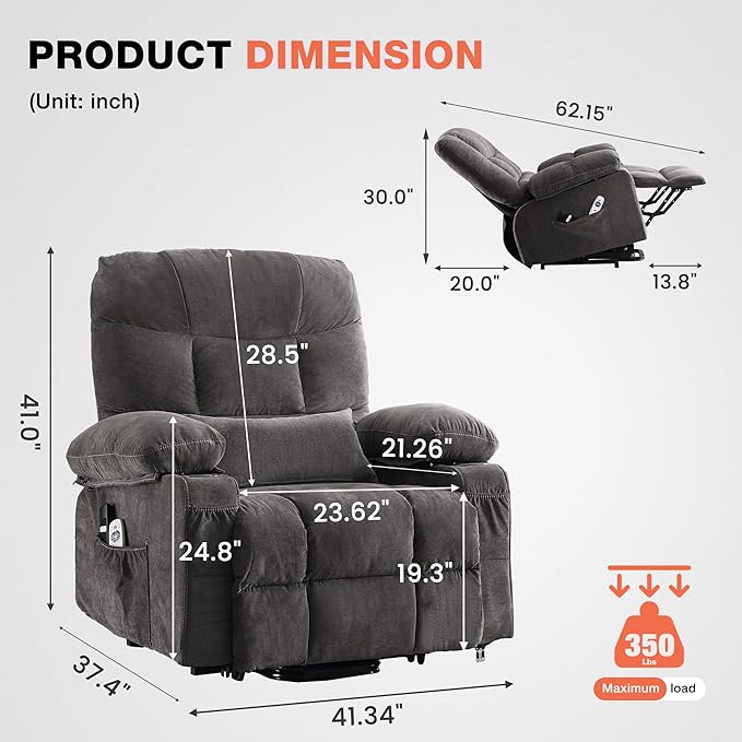 MAHOMICO Power Lift Recliner Chair for Elderly with Vibration Massage and Lumbar Heating, Electric Lift Recliner Single Sofa with Side Pocket, Two Cup Holders and USB Charge Port for Living Room